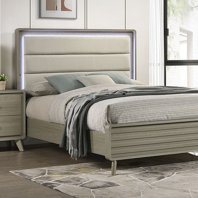 FM72002GY-U-4PC 4 pc Rainier light grey wood grain finish wood mid century modern upholstered LED headboard queen bedroom set