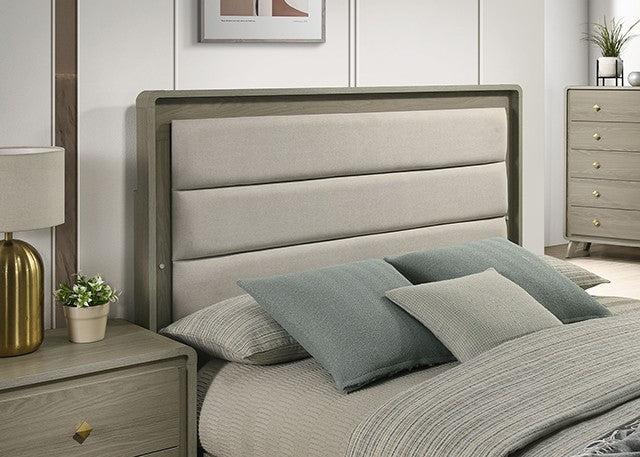 FM72002GY-U-4PC 4 pc Rainier light grey wood grain finish wood mid century modern upholstered LED headboard queen bedroom set