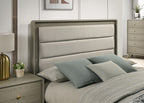 FM72002GY-U-4PC 4 pc Rainier light grey wood grain finish wood mid century modern upholstered LED headboard queen bedroom set