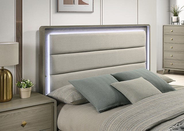 FM72002GY-U-4PC 4 pc Rainier light grey wood grain finish wood mid century modern upholstered LED headboard queen bedroom set