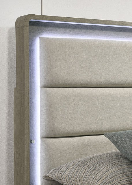 FM72002GY-U-4PC 4 pc Rainier light grey wood grain finish wood mid century modern upholstered LED headboard queen bedroom set