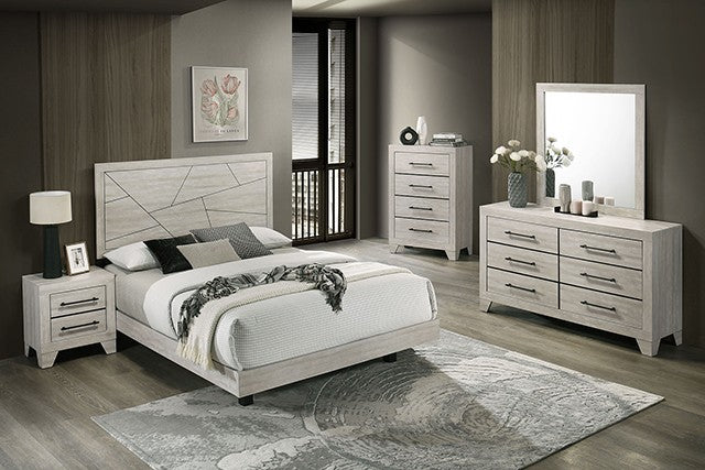 FM72003LG-4PC 4 pc Dubuque light grey wood grain finish wood geometric design headboard queen bedroom set