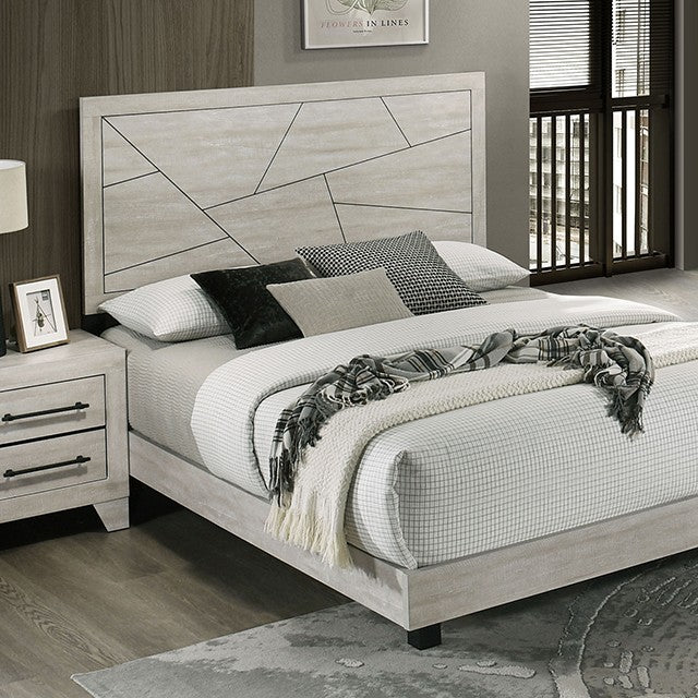 FM72003LG-4PC 4 pc Dubuque light grey wood grain finish wood geometric design headboard queen bedroom set