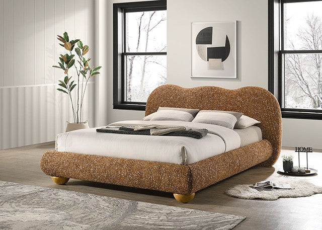 FM72005DB Finamore terracotta brown fabric upholstered and tufted natural oak legs camel back style queen bed