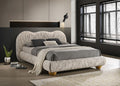 FM72005LB Finamore latte brown fabric upholstered and tufted natural oak legs camel back style queen bed