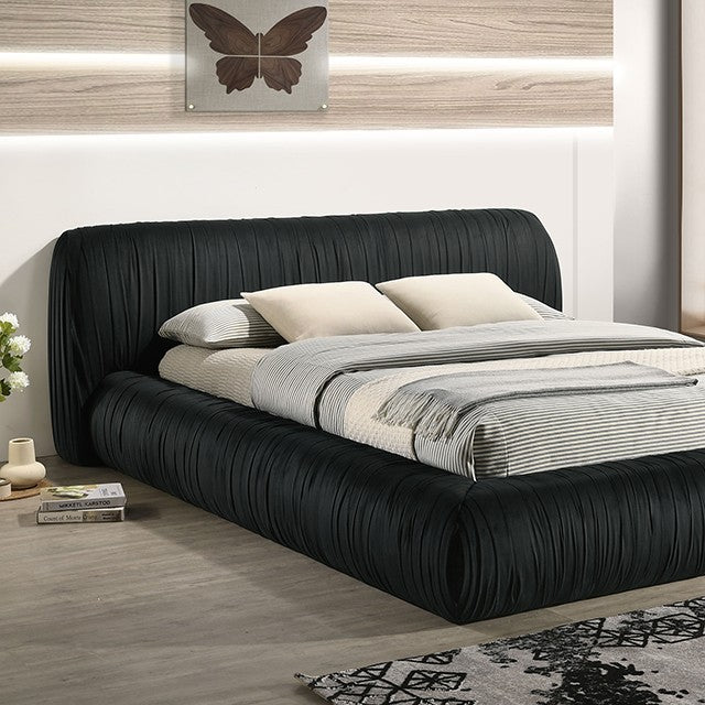 FM72006BK Palmdale black pleated fabric low rise platform queen bed frame mattress ready