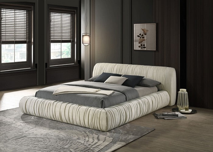 FM72006IV Palmdale ivory pleated fabric low rise platform queen bed frame mattress ready
