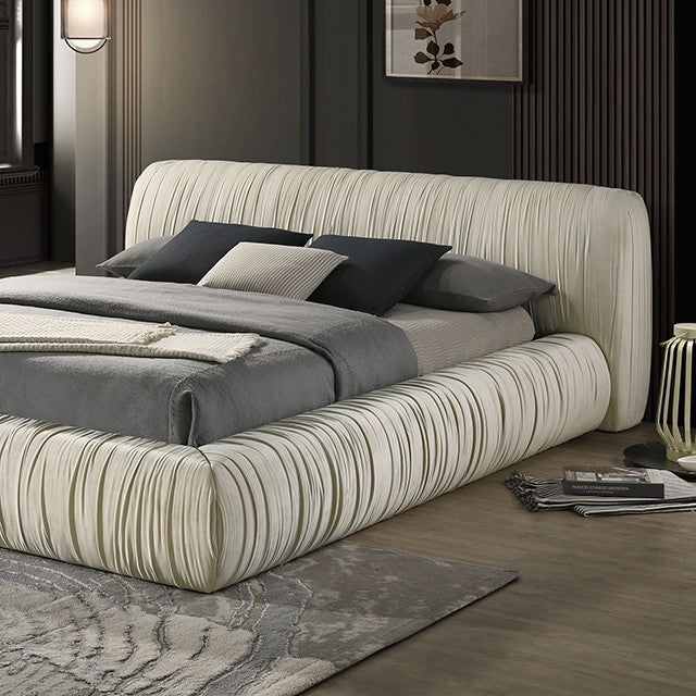 FM72006IV Palmdale ivory pleated fabric low rise platform queen bed frame mattress ready