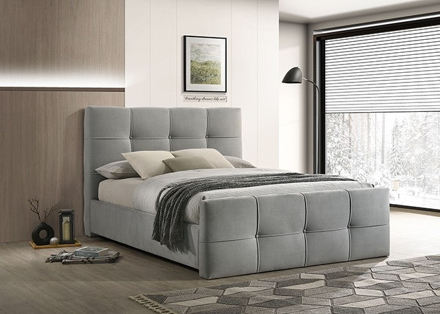 FM72007LG Merced light grey linen like fabric with biscuit button tufting queen bed frame mattress ready
