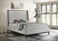 FM72008-DG Kelso dark grey wood trim light grey fabric upholstered queen bed
