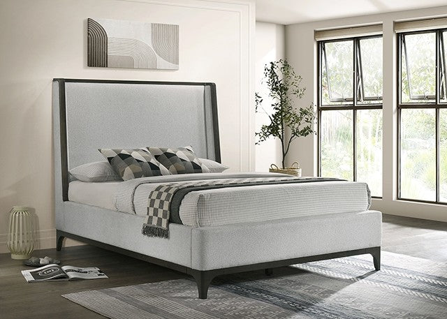 FM72008-DG Kelso dark grey wood trim light grey fabric upholstered queen bed