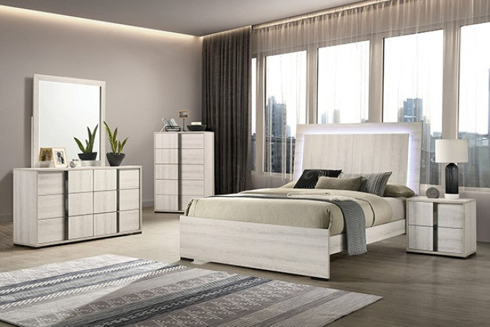 FM7200WH-4PC 4 pc Horten white wash finish wood LED headboard modern queen bedroom set