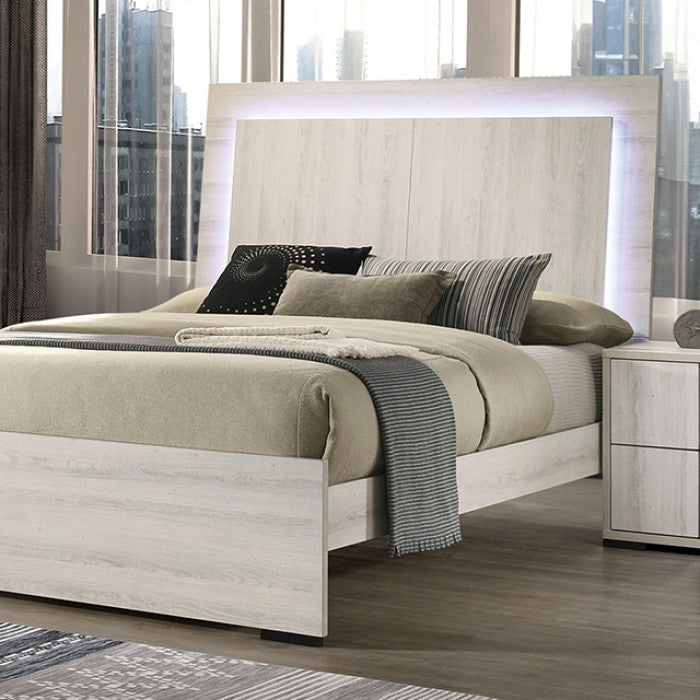 FM7200WH-4PC 4 pc Horten white wash finish wood LED headboard modern queen bedroom set
