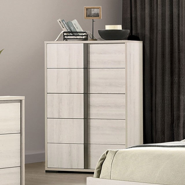 FM7200WH-C Horten white wash finish wood 5 drawer tall chest vertical handles