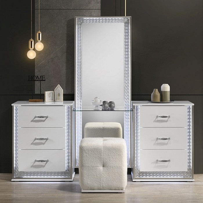 FM72010WH-V-SET 3 pc Hazeline white finish wood zinc alloy trim bedroom vanity make up set LED lighted mirror glass top vanity