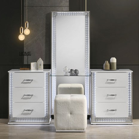 FM72010WH-V-SET 3 pc Hazeline white finish wood zinc alloy trim bedroom vanity make up set LED lighted mirror glass top vanity