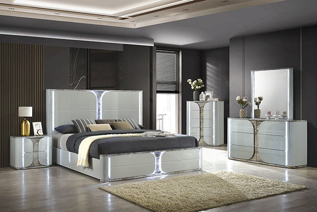 FM72011LG-4PC 4 pc set Cleburne light grey finish wood faux marble trim queen bedroom set LED lighted accents