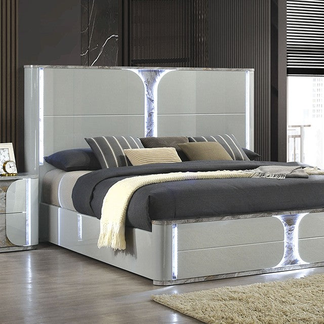 FM72011LG-4PC 4 pc set Cleburne light grey finish wood faux marble trim queen bedroom set LED lighted accents
