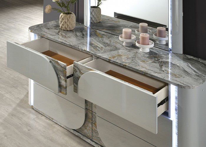 FM72011LG-4PC 4 pc set Cleburne light grey finish wood faux marble trim queen bedroom set LED lighted accents