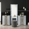 FM72011LG-V-SET 3 pc Cleburne light grey finish wood faux marble trim bedroom vanity make up set LED lighted mirror glass top vanity