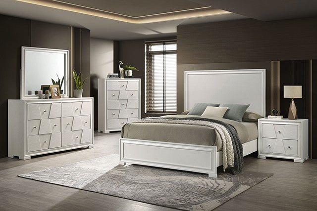 FM72012WH 4 pc Holsted white finish wood textured trapezoid design front panels queen bedroom set
