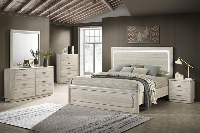 FM72013LG 4 pc Farsund dusty grey finish wood curved edges LED lighting queen bedroom set