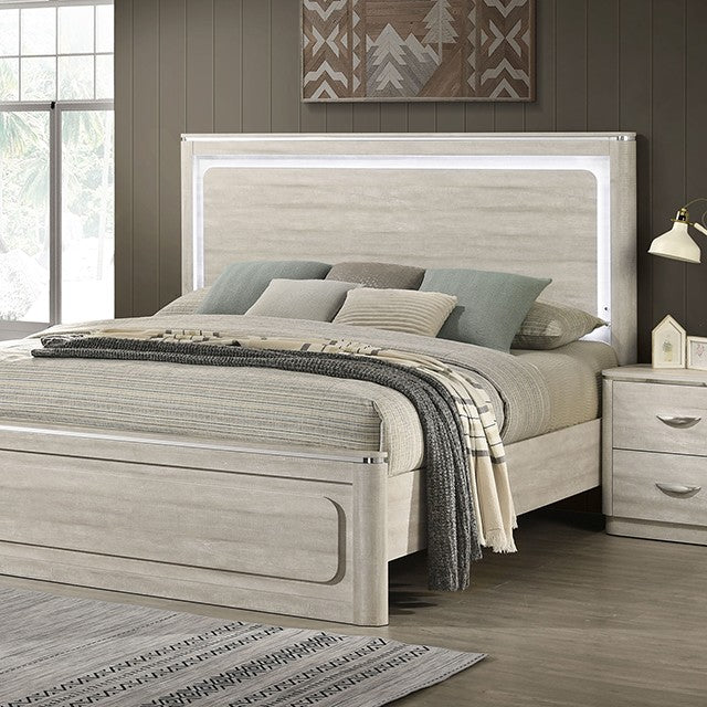 FM72013LG 4 pc Farsund dusty grey finish wood curved edges LED lighting queen bedroom set