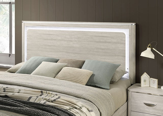 FM72013LG 4 pc Farsund dusty grey finish wood curved edges LED lighting queen bedroom set