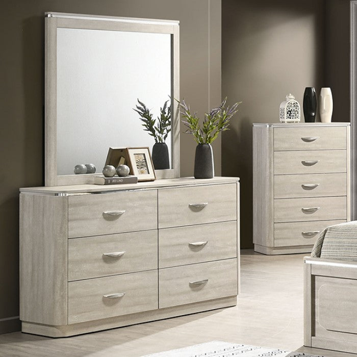 FM72013LG 4 pc Farsund dusty grey finish wood curved edges LED lighting queen bedroom set