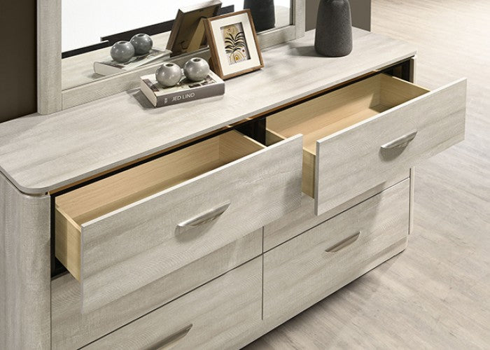 FM72013LG 4 pc Farsund dusty grey finish wood curved edges LED lighting queen bedroom set