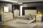 FM72015BG-4PC 4 pc set Lucida beige finish wood padded faux fur headboard queen bedroom set LED lighted accents