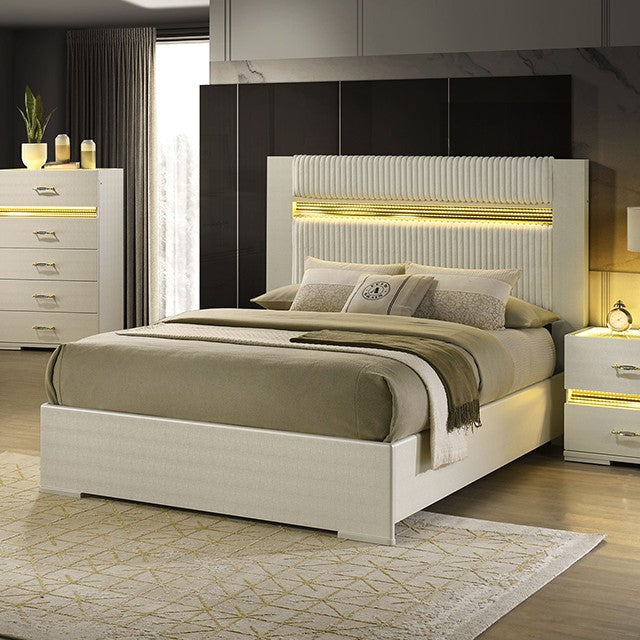 FM72015BG-4PC 4 pc set Lucida beige finish wood padded faux fur headboard queen bedroom set LED lighted accents