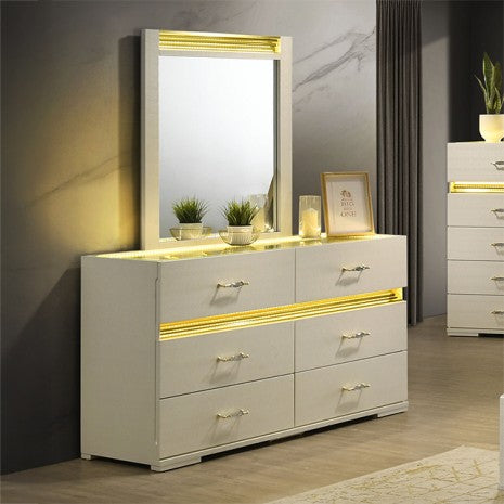 FM72015BG-4PC 4 pc set Lucida beige finish wood padded faux fur headboard queen bedroom set LED lighted accents