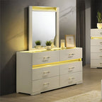 FM72015BG-4PC 4 pc set Lucida beige finish wood padded faux fur headboard queen bedroom set LED lighted accents