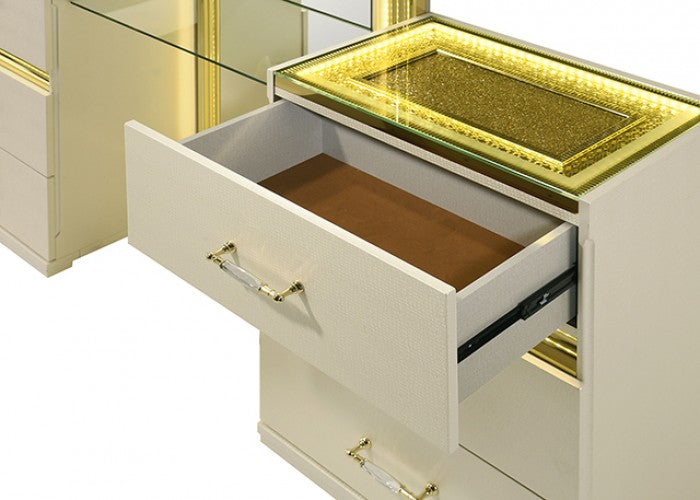 FM72015BG-V-SET  3 pc Lucida beige crocodile skin texture gold accents LED make up vanity set