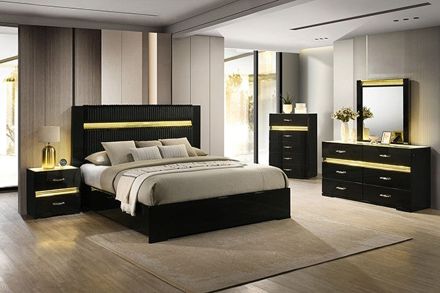 FM72015BK-4PC 4 pc set Lucida black finish wood padded faux fur headboard queen bedroom set LED lighted accents