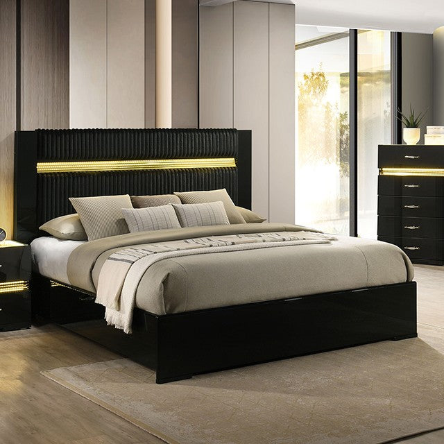 FM72015BK-4PC 4 pc set Lucida black finish wood padded faux fur headboard queen bedroom set LED lighted accents