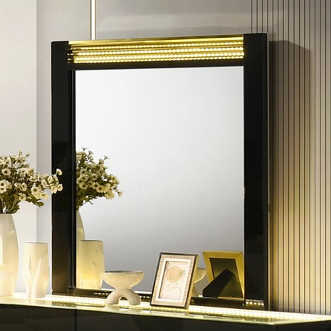 FM72015BK-4PC 4 pc set Lucida black finish wood padded faux fur headboard queen bedroom set LED lighted accents