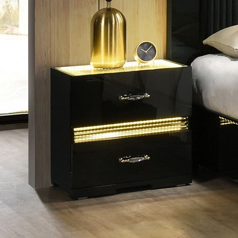 FM72015BK-4PC 4 pc set Lucida black finish wood padded faux fur headboard queen bedroom set LED lighted accents