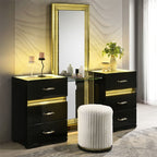 FM72015BK-V-SET  3 pc Lucida black crocodile skin texture gold accents LED make up vanity set