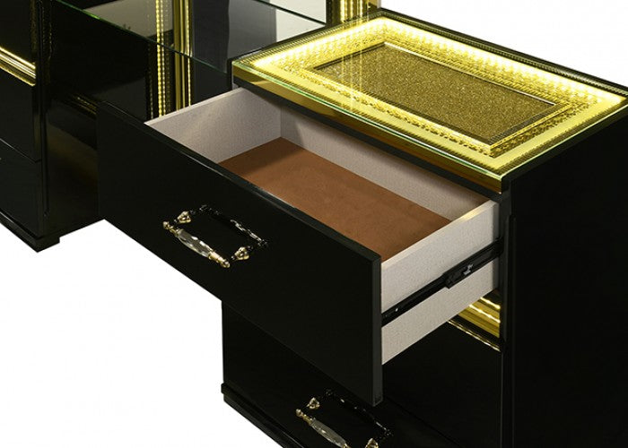 FM72015BK-V-SET  3 pc Lucida black crocodile skin texture gold accents LED make up vanity set