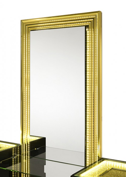 FM72015BK-V-SET  3 pc Lucida black crocodile skin texture gold accents LED make up vanity set