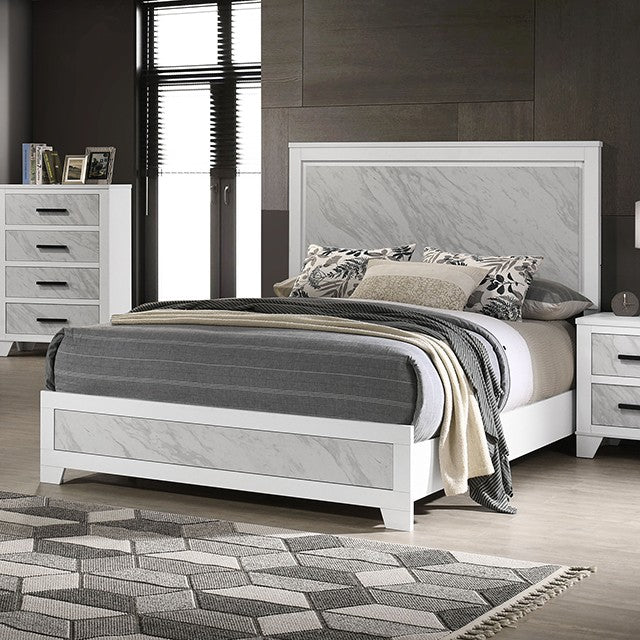 Darlene FM72018WH-4PC 4-Piece Queen Size Faux Marble Panel Headboard Set in White & Grey Finish for Modern Bedroom Decor