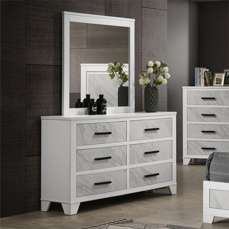 Darlene FM72018WH-4PC 4-Piece Queen Size Faux Marble Panel Headboard Set in White & Grey Finish for Modern Bedroom Decor