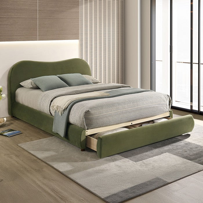 FM72019GR Grimsby olive green velvet fabric upholstered curved back style queen bed storage footboard