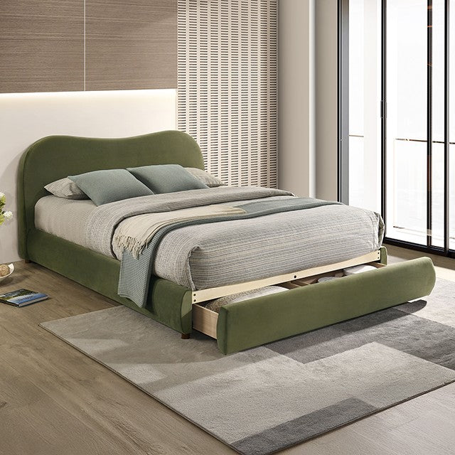 FM72019GR Grimsby olive green velvet fabric upholstered curved back style queen bed storage footboard