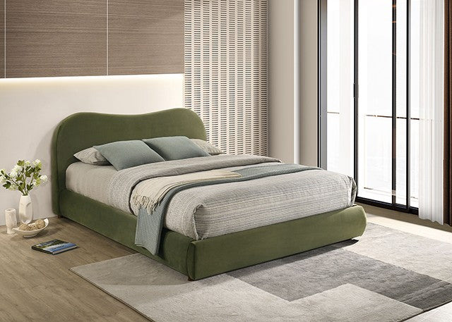 FM72019GR Grimsby olive green velvet fabric upholstered curved back style queen bed storage footboard
