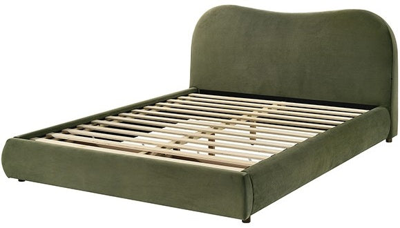 FM72019GR Grimsby olive green velvet fabric upholstered curved back style queen bed storage footboard