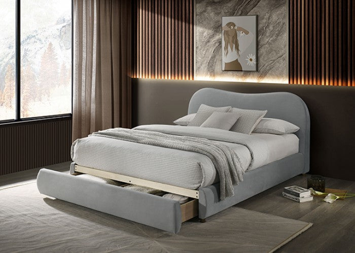 FM72019LG Grimsby light grey velvet fabric upholstered curved back style queen bed storage footboard
