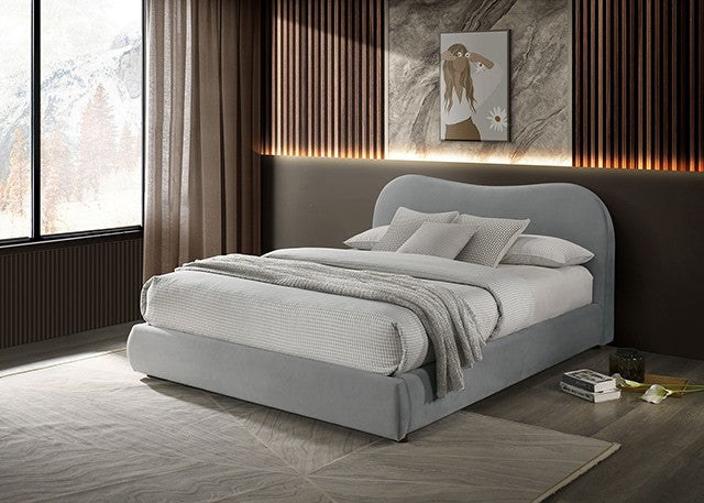 FM72019LG Grimsby light grey velvet fabric upholstered curved back style queen bed storage footboard